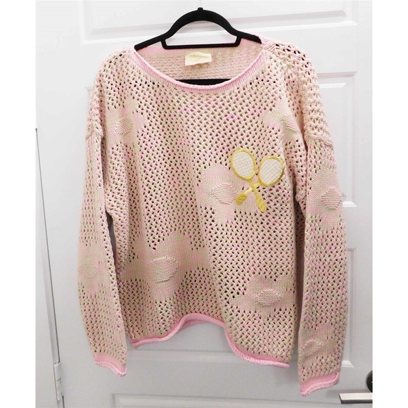 Judith March Pink Crochet Tennis Court Long Sleeve Sweater sz M - Picture 1 of 5